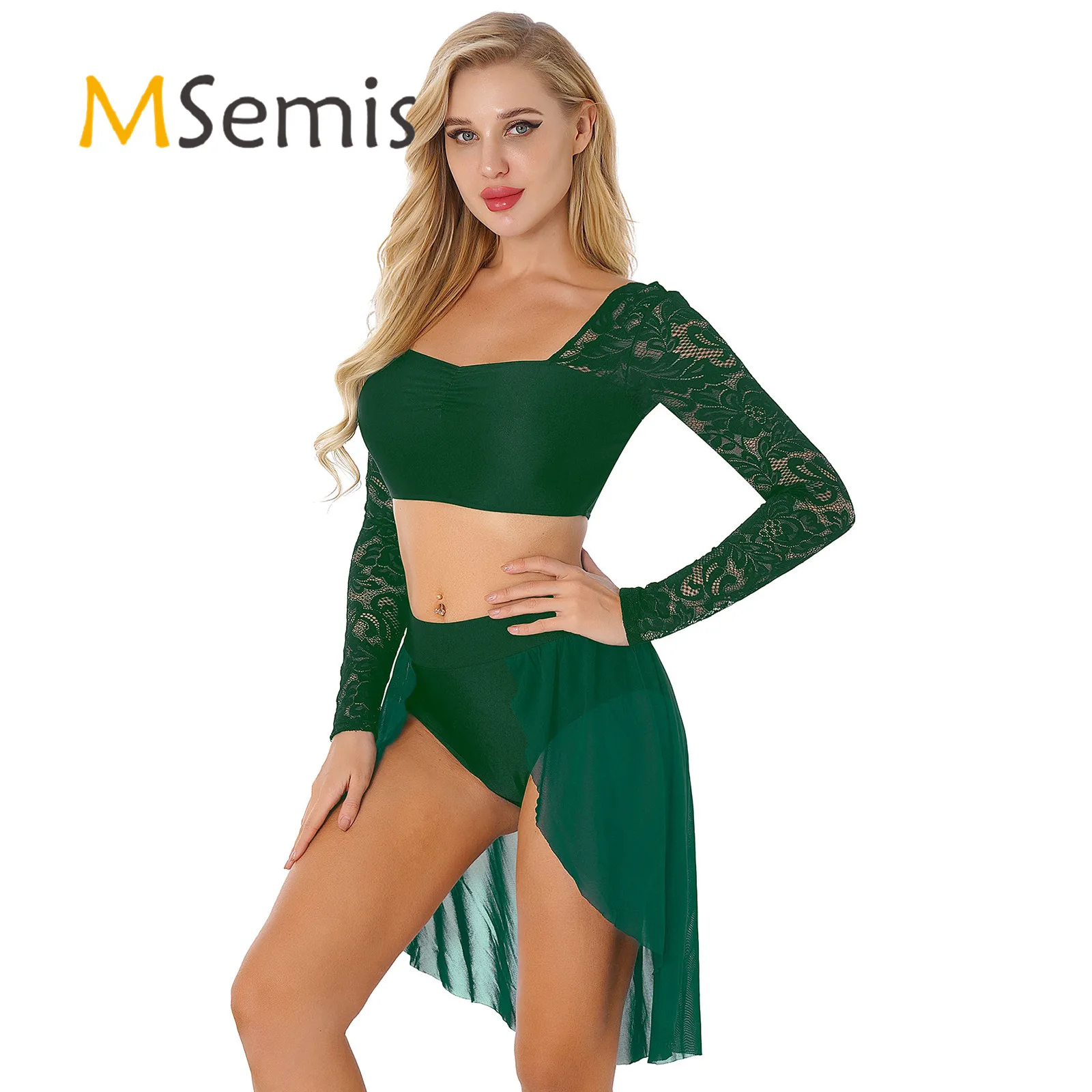 

Womens Dancewear Two-piece Lyrical Dance Competition Costume Outfit Floral Lace Long Sleeve Pleated Crop Top with Skirted Briefs