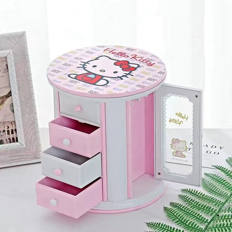 

Hello Kitty Wardrobe Dressing Music Box Two Doors Three Drawers Mirror Storage Box Girls Jewelry Box Ornaments Women Accessories