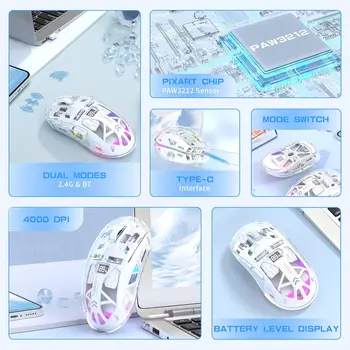 MAMBASNAKE x Freewolf A2 Transparent Wireless Gaming Mouse,Dual Mode BT 5.0/2.4G PC Gaming Mice 2