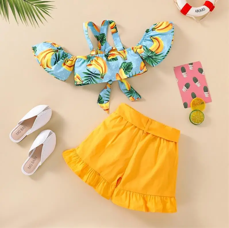 Summer Kid Girl Casual Short Pants Outfits Short Sleeve Pattern Printed Tie Knot Decor Tops Ruffles Decor Shorts Set