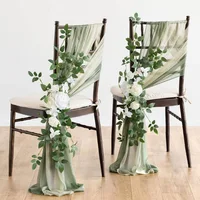 3Pcs Chiffon Chair Sashes Wedding Chair Covers Ribbon Baby Shower Party Aisle Artificial Flower Chair Cover Hotel Banquet Decor 1