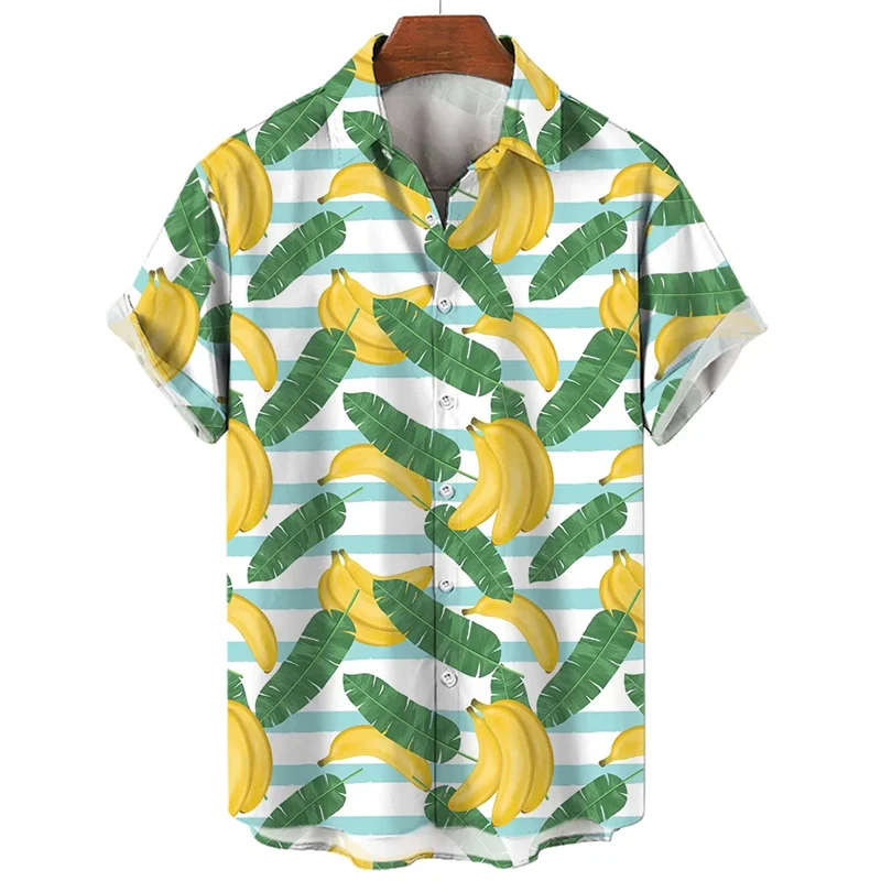 thumbnail image 1 of Camisa hawaiana con estampado de frutas y plátanos para hombre, camisas hawaianas con estampado 3D de limón y naranja, blusas casuales de calle con solapa, blusa holgada de manga corta, 1 of 5