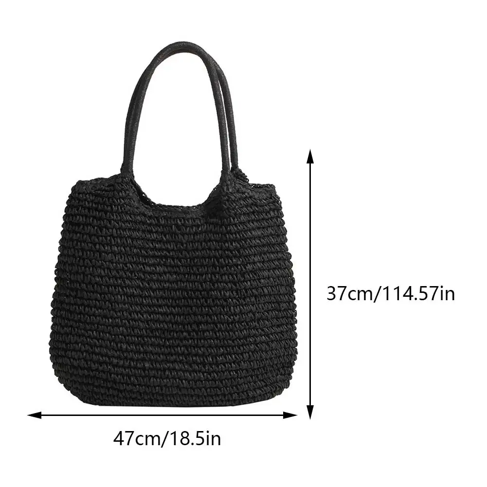 Women Straw Tote Handbag Large Capacity Vintage Shoulder Bag Solid Color Crochet Beach Handbag Ladies Summer Daily Bag