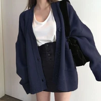 2023 Autumn Women's Sweater Fashion V-neck Vintage Knitted Cardigan Korean Loose Solid Sweaters Female 1