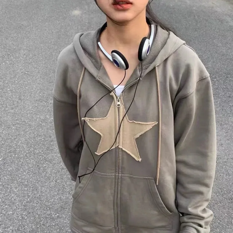 Women Vintage Star Patch Hoodies Men Casual Hip Hop Loose Zipper Jacket Coats Harajuku Punk Gothic Hooded Sweatshirt Y2k Clothes