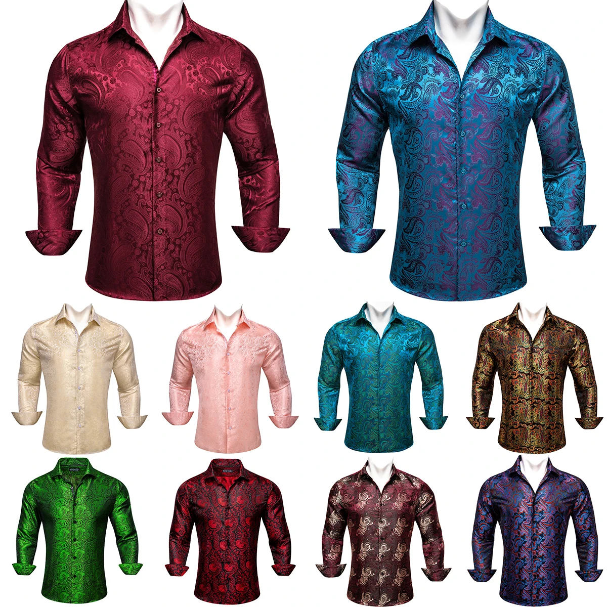 Designer Mens Shirts Silk Long Sleeve Red Blue Green Gold Pink Purple Paisley Slim Fit Male Blouses Casual Tops Barry Wang