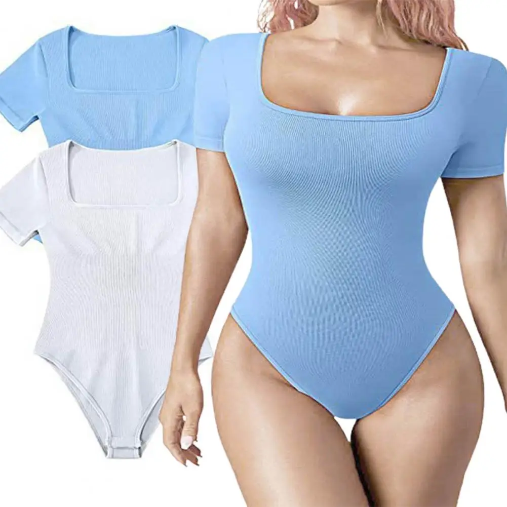

Women Solid Color Playsuit Stylish Women's Square Neck Bodysuit with Tummy Control High Elasticity for Summer Fashion Short