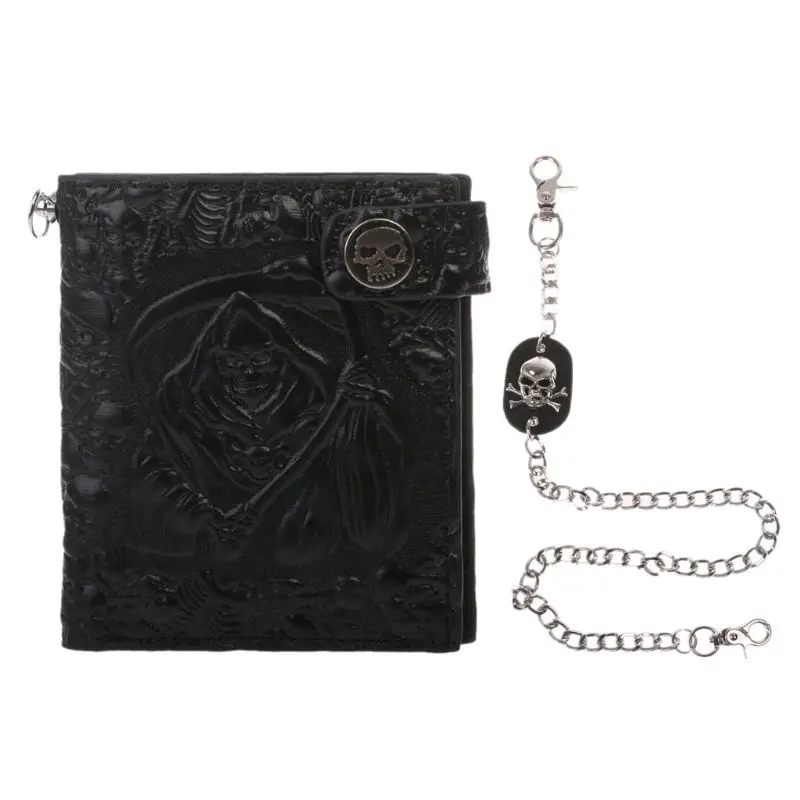 Vintage Skull Leather Wallet With Anti Theft Chain Men Bifold  Credit Card Ho E74B