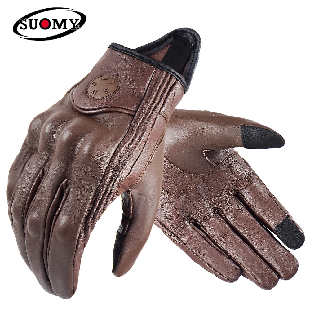 Suomy Vinatge Goatskin Motorcycle Gloves Summer Men Brown Retro Leather Motorbike Motocross