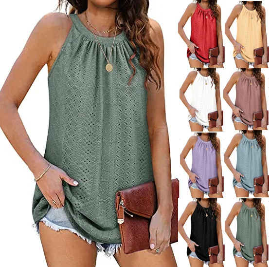 Women's Vest Top Round Neck Sleeveless Vest Female Hollow Out Comfortable Breathable Tops Casual Multiple Colors Available
