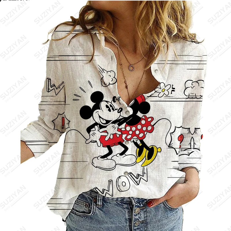 Disney-Camisa feminina solta de manga comprida, cardigã de botão impresso em 3D, temperamento, simples, rua, novo, verão, 2023