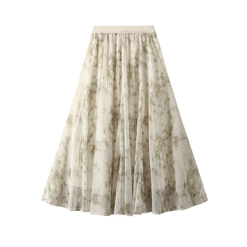 

High end ink wash printed gauze skirt, half skirt, women's spring 2024 new pleated skirt, mesh large hem long skirt, summer