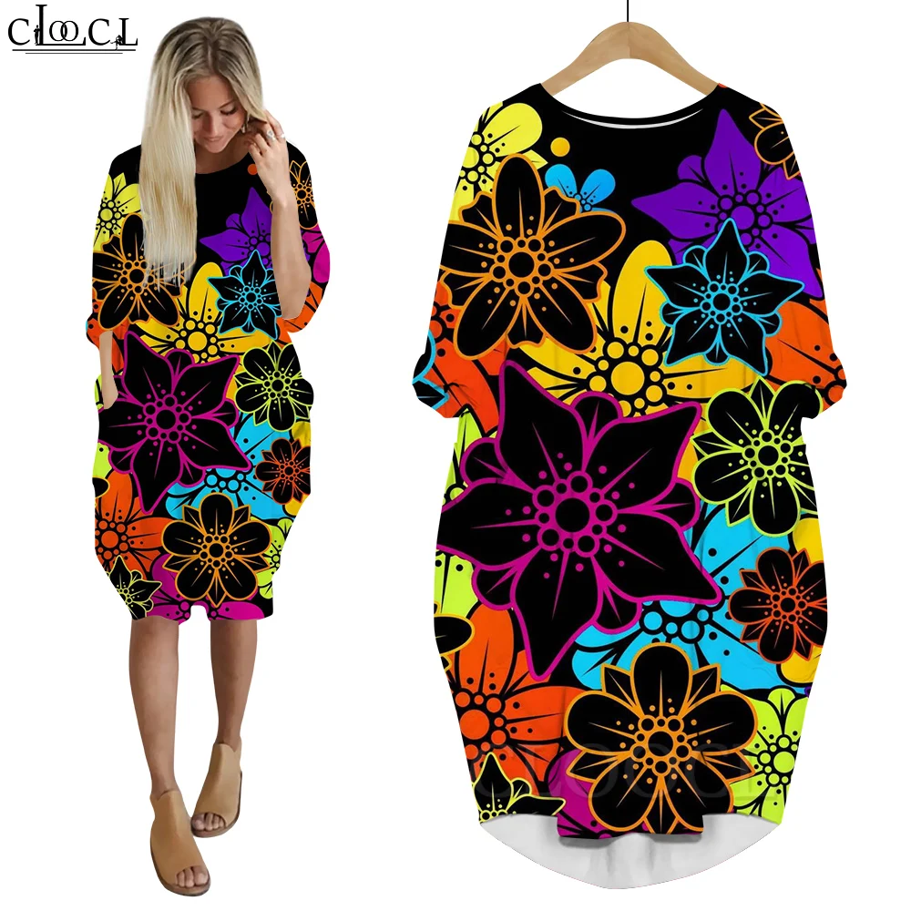 

CLOOCL Dress for Women Harajuku Floral 3D Printed Party Dresses Long Sleeve Pocket Loose Casual Summer Street Travel Wear
