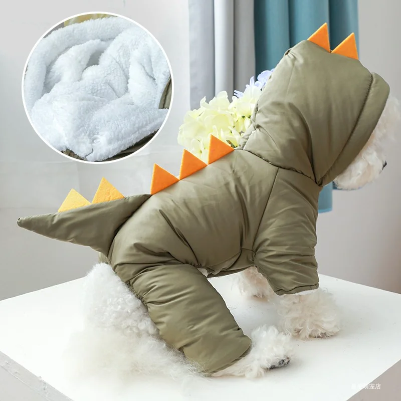 Pet Jacket 1PC Pet Clothing Dog Plush Insulation Plush Winter Snowy Green Dinosaur Cotton Coat Suitable for Small and Medium sized Dogs