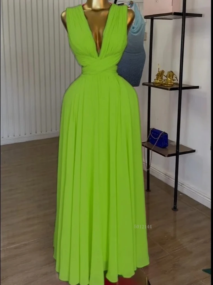 2025 New Women Sleeveless Cutout Back Wrap V-neck Pleated A-line Chiffon Maxi Long Dress Birthday Vacation Sexy Party Dresses