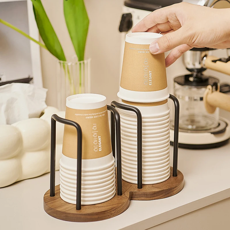 Luxury Walnut Wood Cup Holder Coffee Station Paper Cup Rack For Plastic Cups Storage Milk Tea Organizer Office Disposable