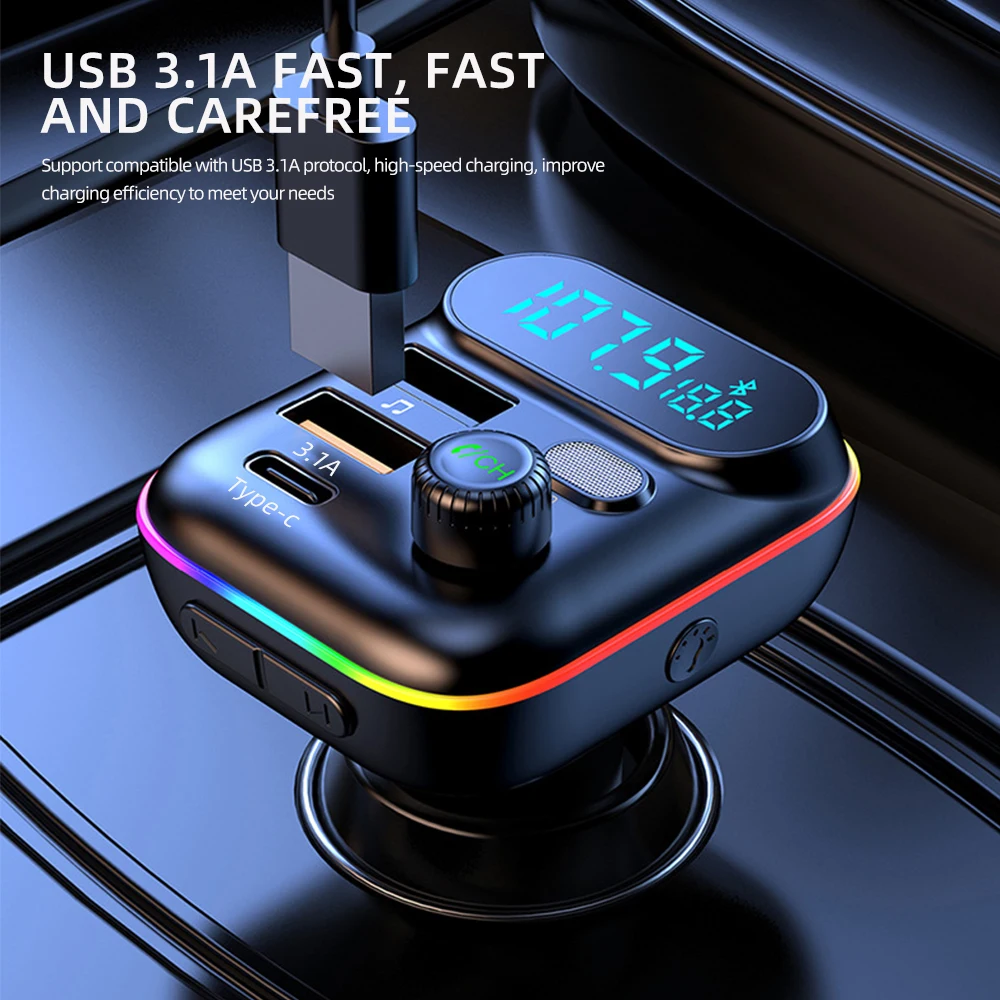 Charger Adapter Battery Charger Fast Charger Car Bluetooth 5.0 FM Transmitter Dual USB QC3.0 PD Type C Car Charger Ambient light Handsfree Mp3 Music Player Support TF Card