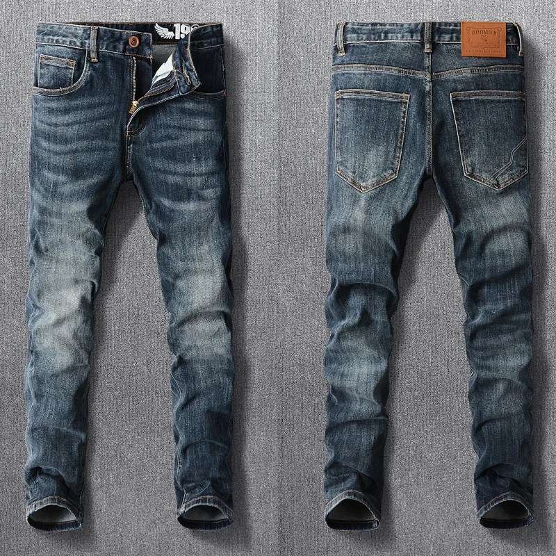 цена Newly Designer Fashion Men Jeans Retro Blue Elastic Slim Printed Jeans Men Vintage Casual Denim Pants Hombre Classical Trousers