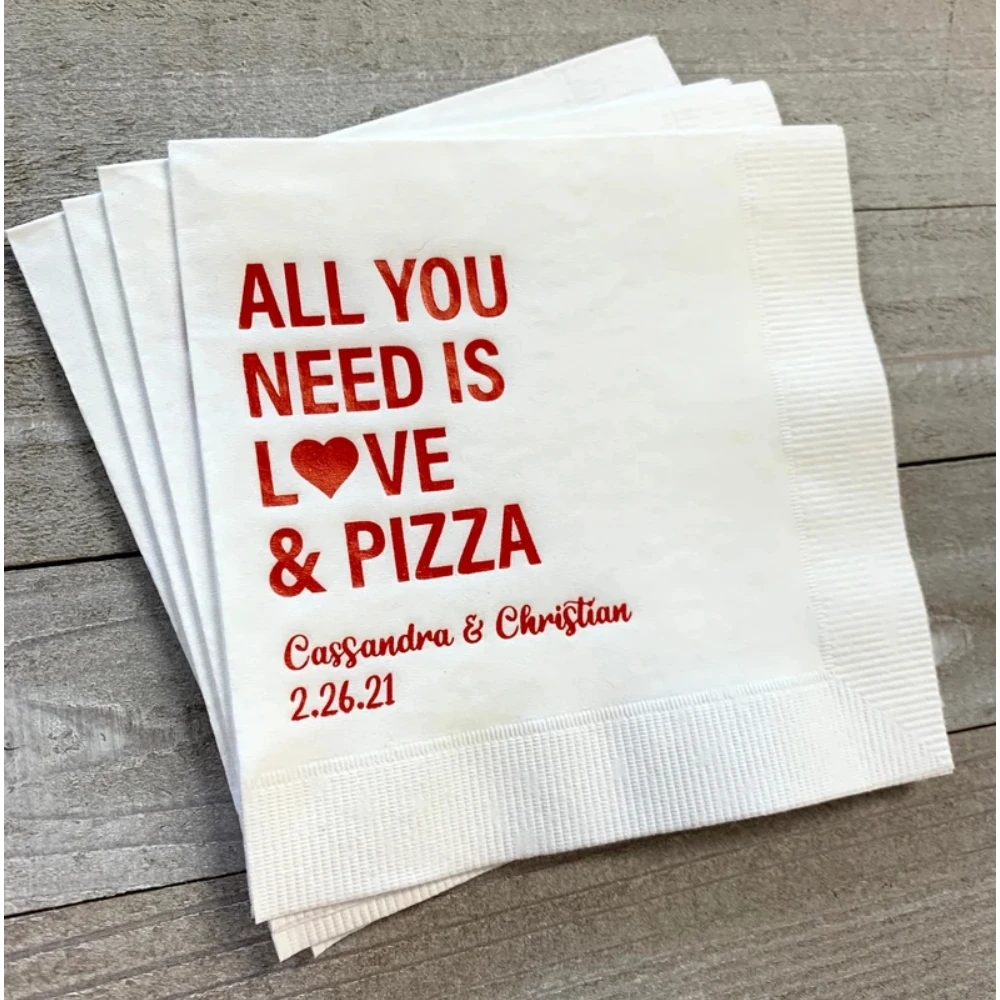 

Personalized Wedding Napkins All You Need is Love and Pizza ，Custom Engagement Party Napkins Cocktail Beverage Napkins，50Pcs