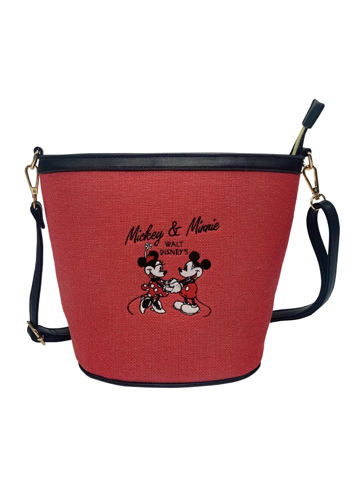 MINISO Disney Cotton Bucket Bag Summer Seaside Vacation Wind Embroidered Leather Stitching Bag Mickey Minnie Shoulder Bag