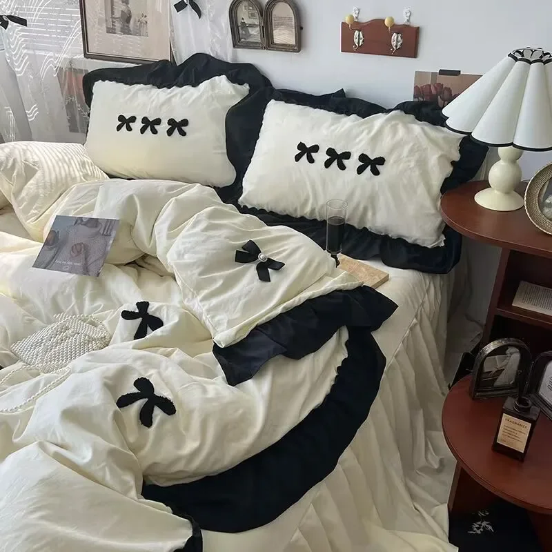 Ins Girl Bow Lace Washed bedding Set Cotton duvet cover set 4 piece with pillowcase with bed line Bed Skirt comforter cover set