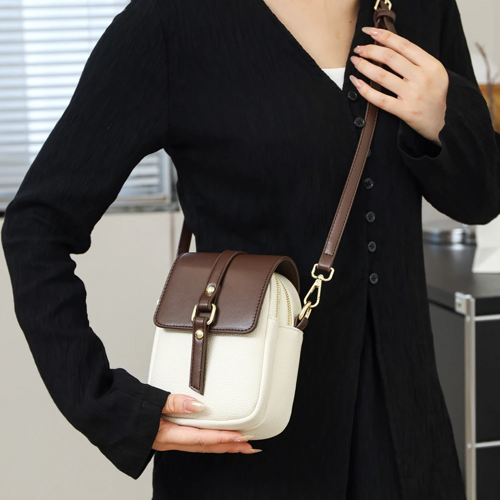 Genuine Leather Satchel Wallet Purse Lightweight Retro Shoulder Bag Contrast Color Adjustable Strap Women Outdoor Dating