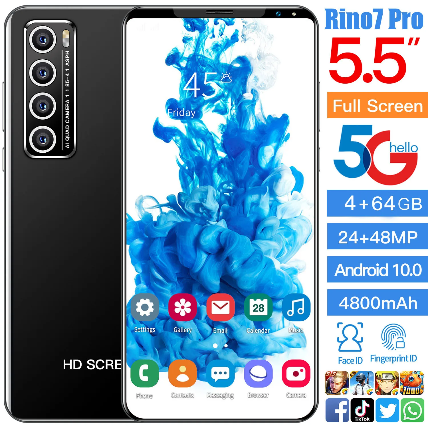 Смартфон RINO7 Pro 5 дюйма 4 + 64 ГБ 10 ядер 4800 мАч 24 48 Мп |