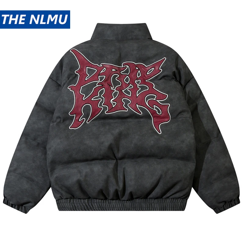 

Men Waterproof Warm Jacket Winter Vintage PU Leather Parkas Embroidery Letter Thick Padded Coat Streetwear Hip Hop Loose Parka