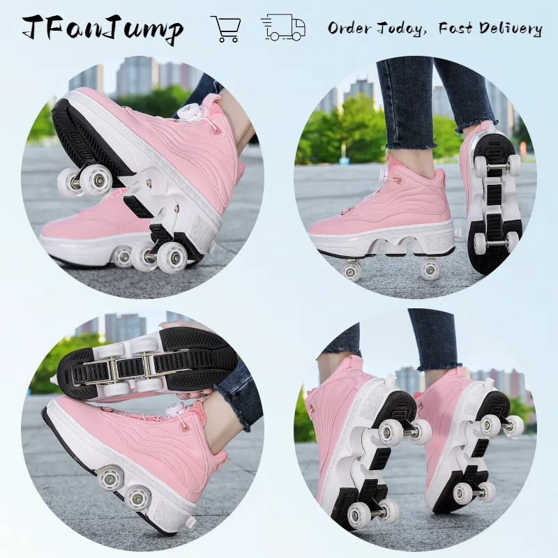 TFanJump New 4 Wheel Skate Shoe Fashion Roller Parkour Skate Roller Skate Shows Boys Girls Outdoor 4 Wheel Sneakers Kids gifts