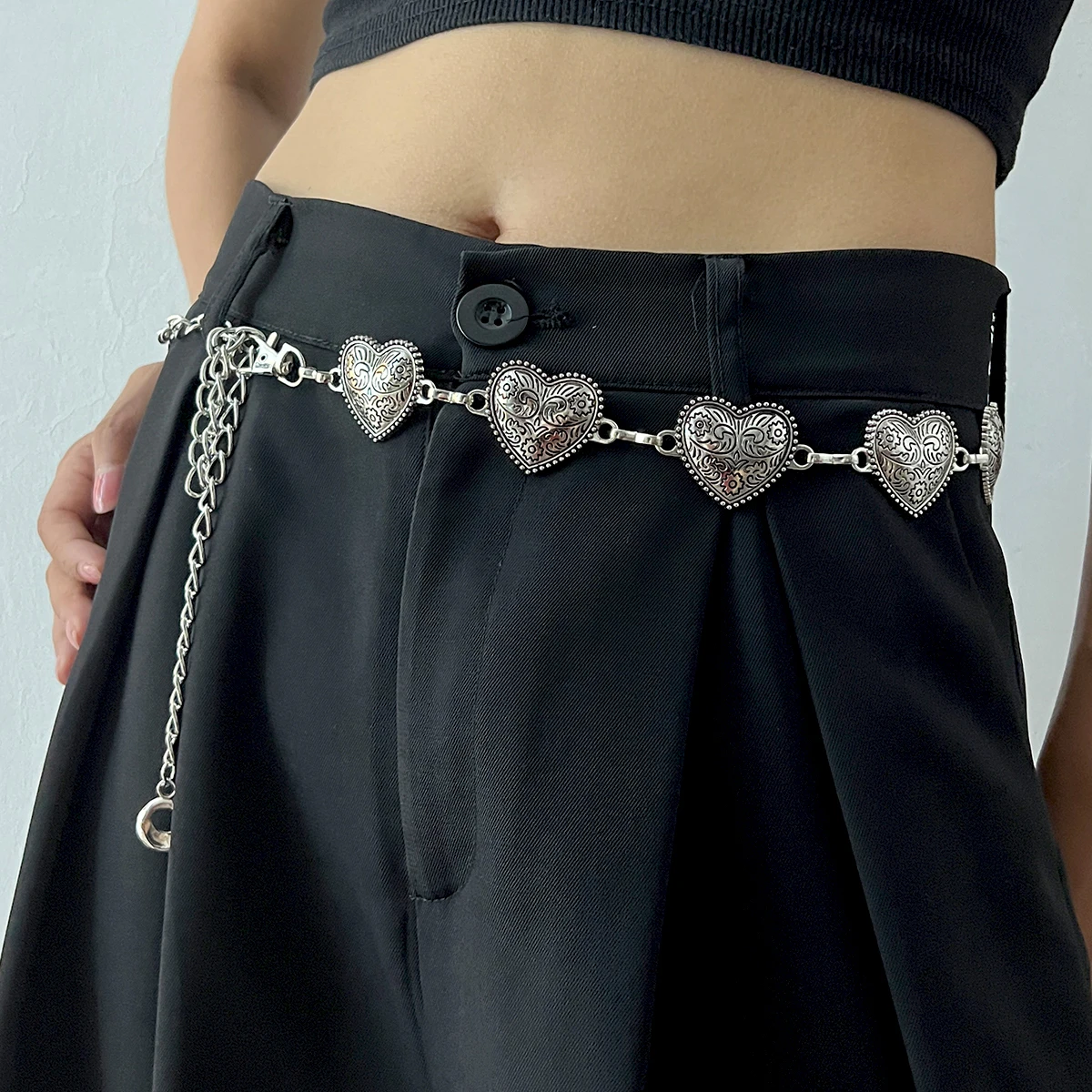 Cinturón de cadena de oro vintage para mujer, cinturón de metal con corazón, cinturones punk góticos para mujer, cinturón fino plateado para pantalón Harajuku._voghion.com
