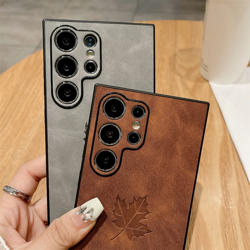 Maple Leaves Embossed PU Leather Phone Case Cover
