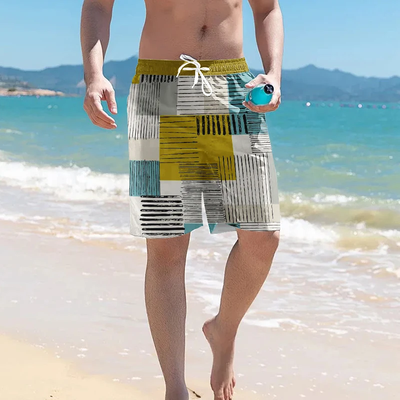 Casual Loose Holiday Hawaii Beach Pants Oversized Pocket Surf Drawstring Swim Shorts For Men Colorful Plaid Print Sports Shorts
