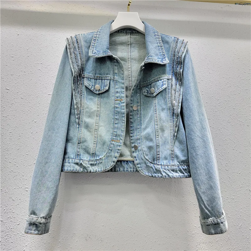 

Fashion Bead Washed Blue Slim Short Denim Jacket Irregular Single-breasted Lapel Long Sleeve Jeans Jacket Coat Female Spring New