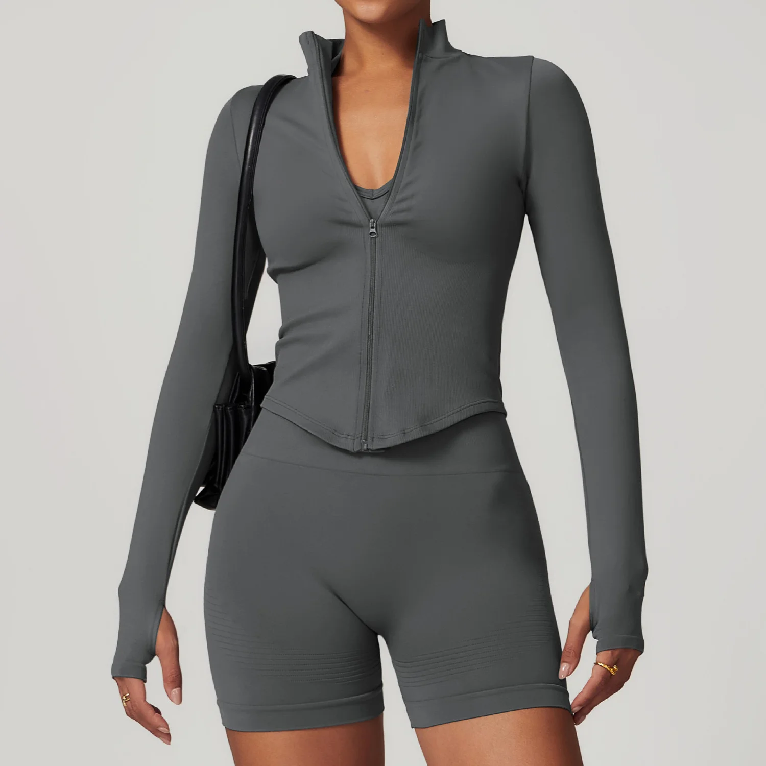 Yoga Jacket Yoga Shirts Women Seamless Zipper Jacket Yoga Long Sleeved Gym Top Ribbed Yoga Stand Collar Jacket Running Workout Sport Coat Women's Shirts