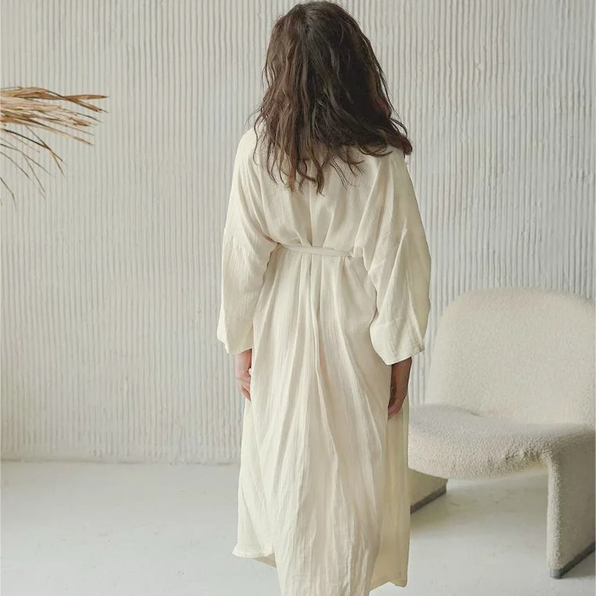 Women's Cotton Bathrobe Long Sleeve Loose Solid V Neck Ladies Kimono with Sashes Spring Autumn Bath Robe for Female Nightwear