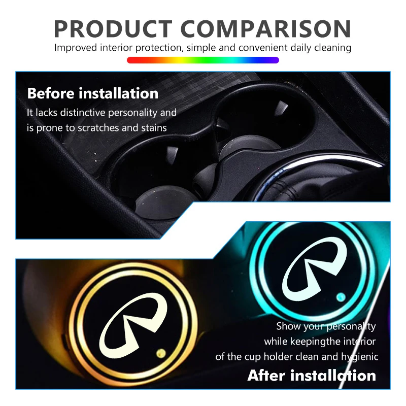 7색 LED 자동차 컵홀더 라이트 발광 코스터 물컵 패드 액세서리 인피니티 QX50 QX30 QX60 G25 JX35 FX35 FX37 FX50용