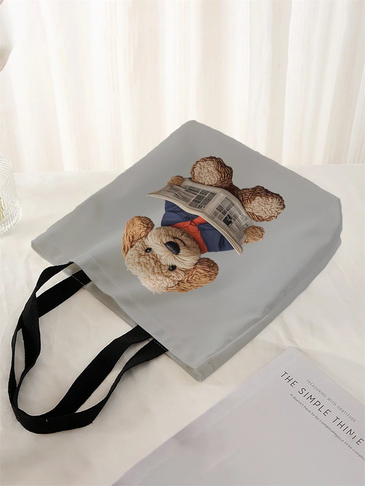 1 piece, teddy bear pattern handbag, reusable fashionable handbag, multifunctional handbag, printed canvas shopping bag