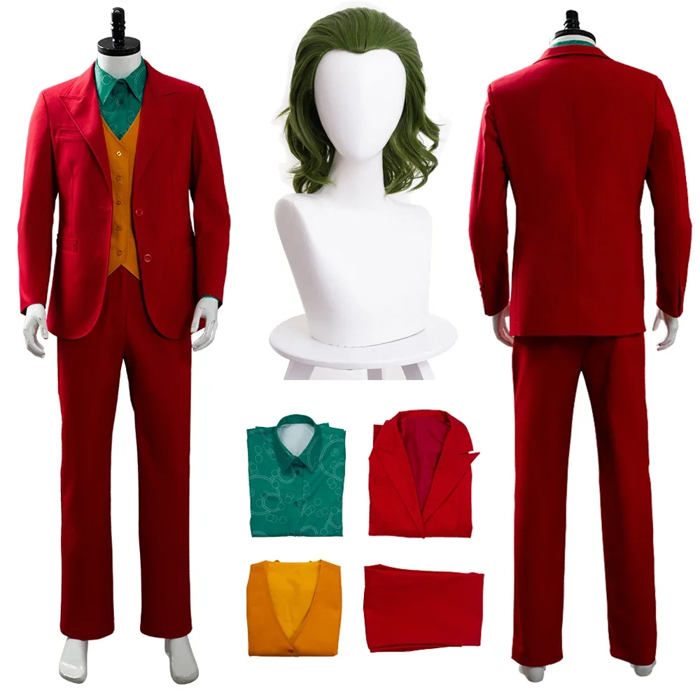 Men Joker Cosplay Fantasy Wigs Red Suits Movie Super Villain Costume Disguise Adult Outfits Male Halloween Carnival Party Cloth