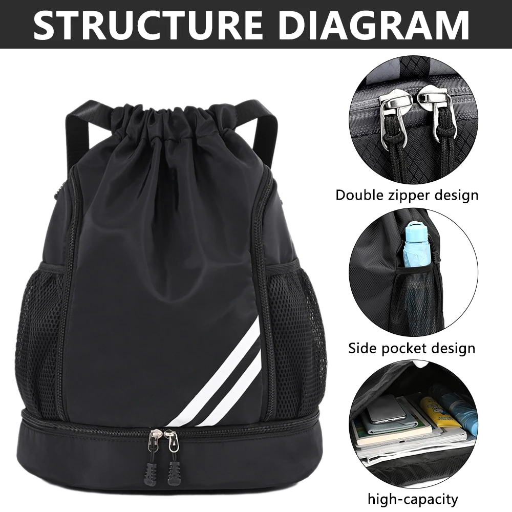 Gym sack pull string sport bag showing the 5 pocket organization.