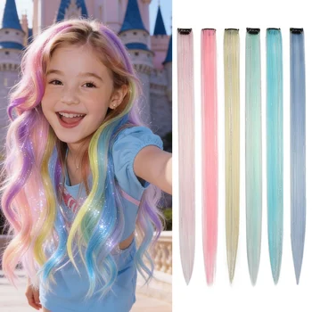 Clip sintetica nelle estensioni dei capelli per ragazze 22 pollici Multi-colori 6 pezzi / pacco Posticci sintetici per capelli lisci arcobaleno