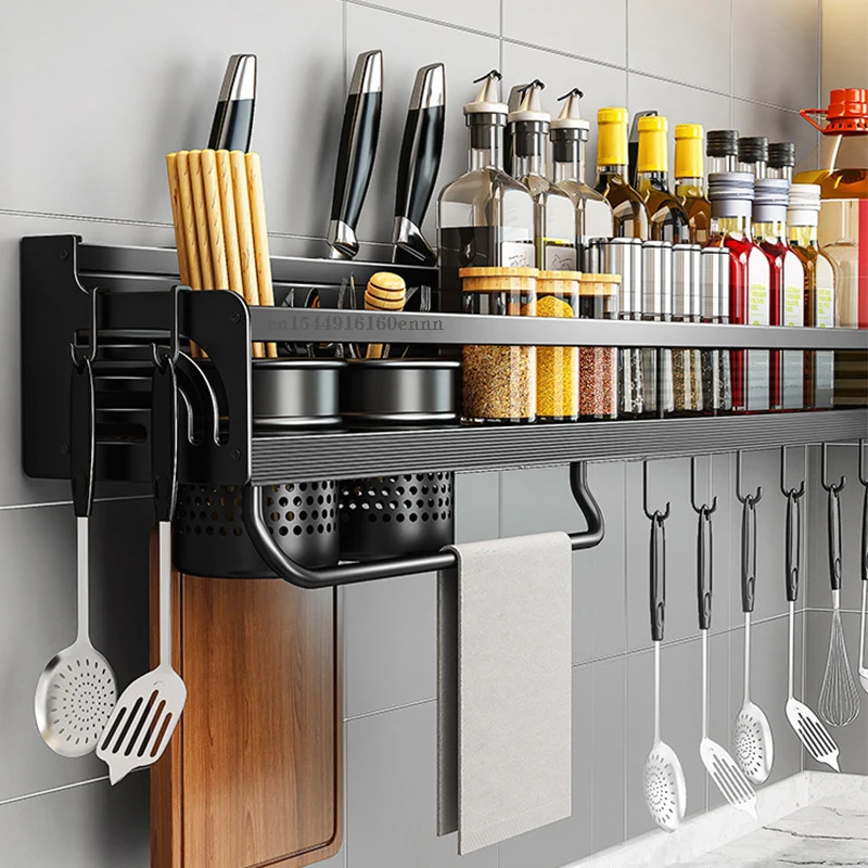 

Kitchen Knife Holder Seasoning Organizer Double-Layer Kitchen Shelf Wall-mounted Spice Storage Racks Punch-free