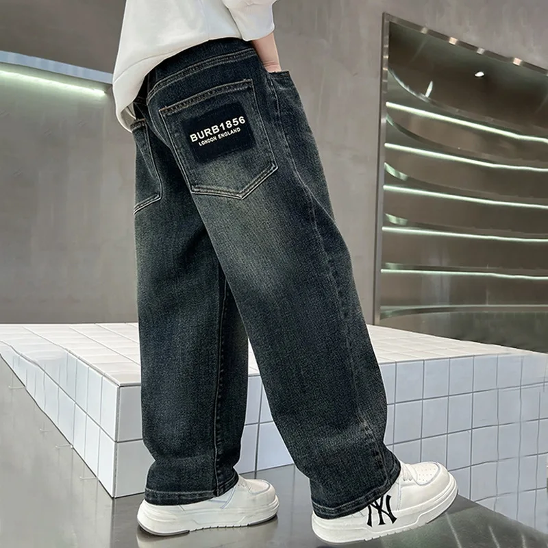 OLEKID 2026 Teenage Boys Jeans Kids Boys Letter Pockets Denim Pants Junior Boy Pant Casual Loose Straight Trousers for 4-14Y Boy - 4