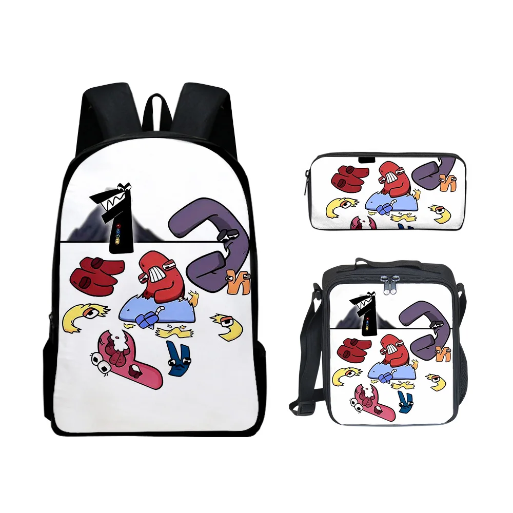 3pcs/set 3D Alphabet Lore Backpack Primary Middle School Boys Girls Students Cartoon Anime School Bag Lunch Bag Pencil Case