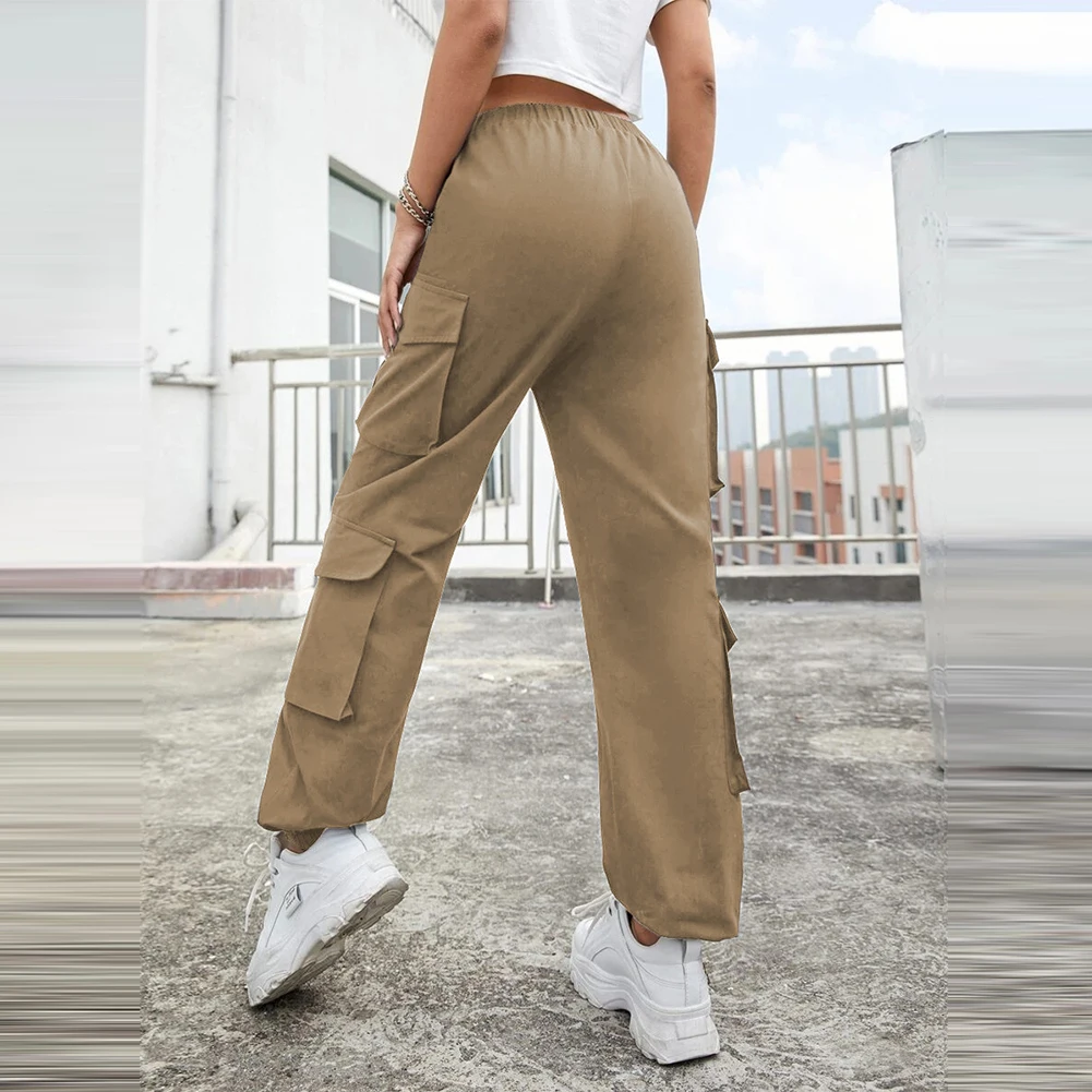 

Multi Pocket Cargo Hose Adjustable Waist Clothing Drawstring Fitness Jogging Pant Ladies Long Pants Solid Woman
