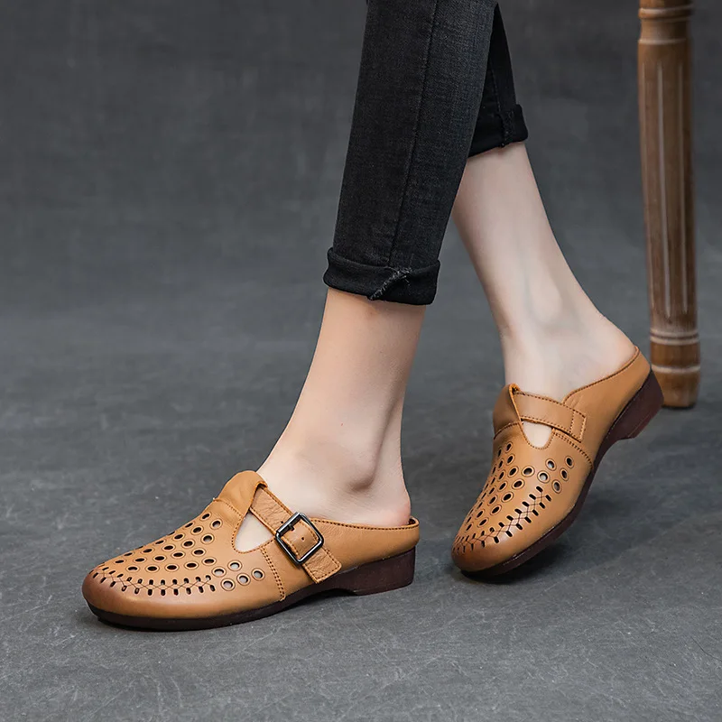 CICIYANG Women's Slippers Genuine Cowhide Leather 2024 Summer New Cover Toe Retro Flats Soft Sole Casual Outdoor Ladies Sandals