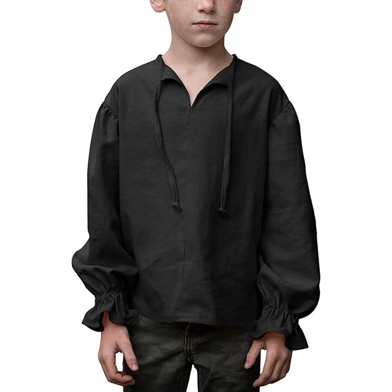 Boys Medieval Dress Shirt For Kids Medieval Ruffled Long Sleeves Cotton O-Neck T Shirts Children 2