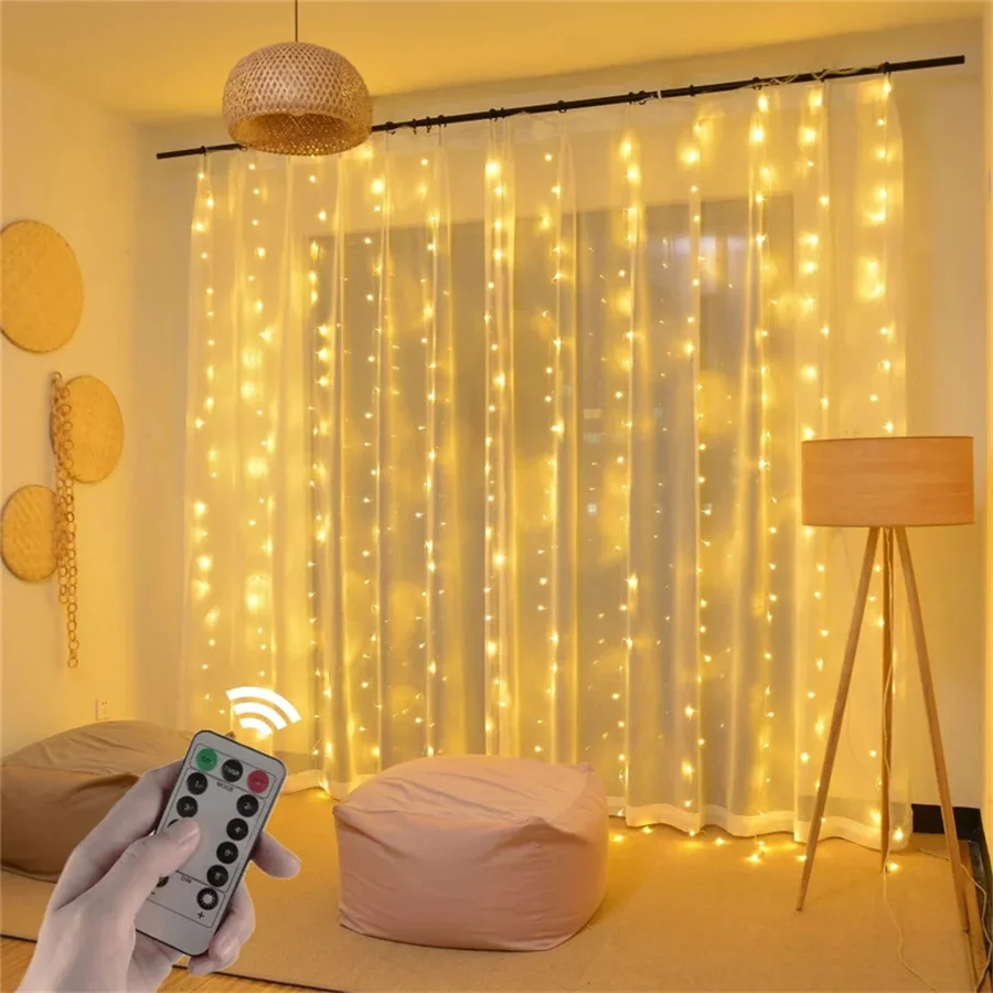 3X3M LED USB Copper Wire Curtain String Light Remote 8 Modes Christmas Garland Fairy Lights for Home Party Wedding Bedroom Decor