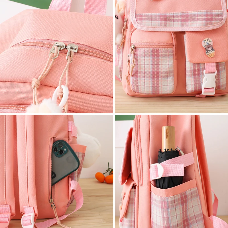 Children's School Backpack 4 Pcs Sets school bags for girls Kids Plaid design Bookbag mochilas Backpack Kawaii Women's Backpack