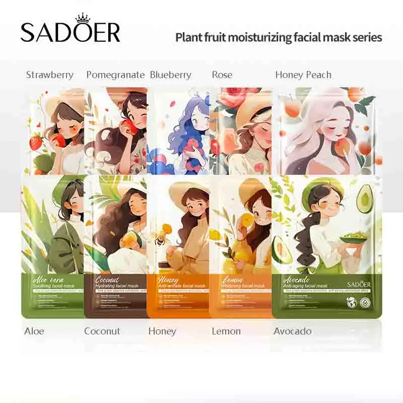 10pcs SADOER Fruits Facial Masks for Face Moisturizing Brightening Firming Hydrating Face Mask Beauty Facial Skin Care Products