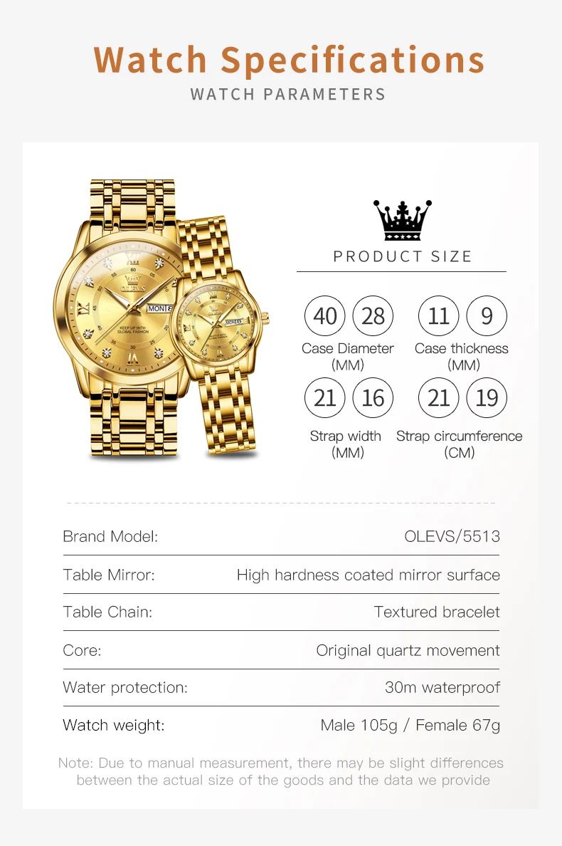 Пара мужских и женских часов OLEVS из нержавеющей стали, водонепроницаемые мужские часы, роскошные золотые наручные часы с бриллиантами для влюбленных, 2023